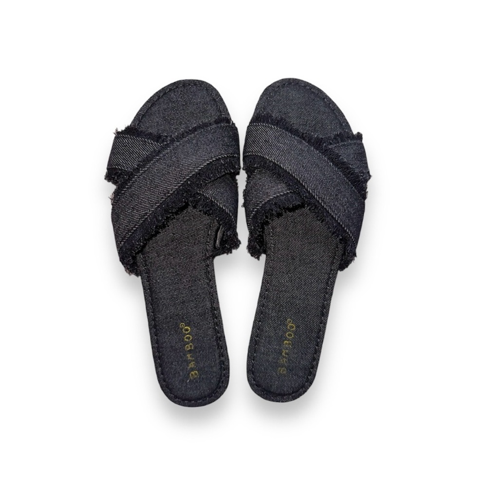 BLACK FRAYED DENIM OPEN-TOE SANDALS W/ CRISSCROSS STRAPS · SIZE 9, FITS 8 · NWT - Picture 6 of 7